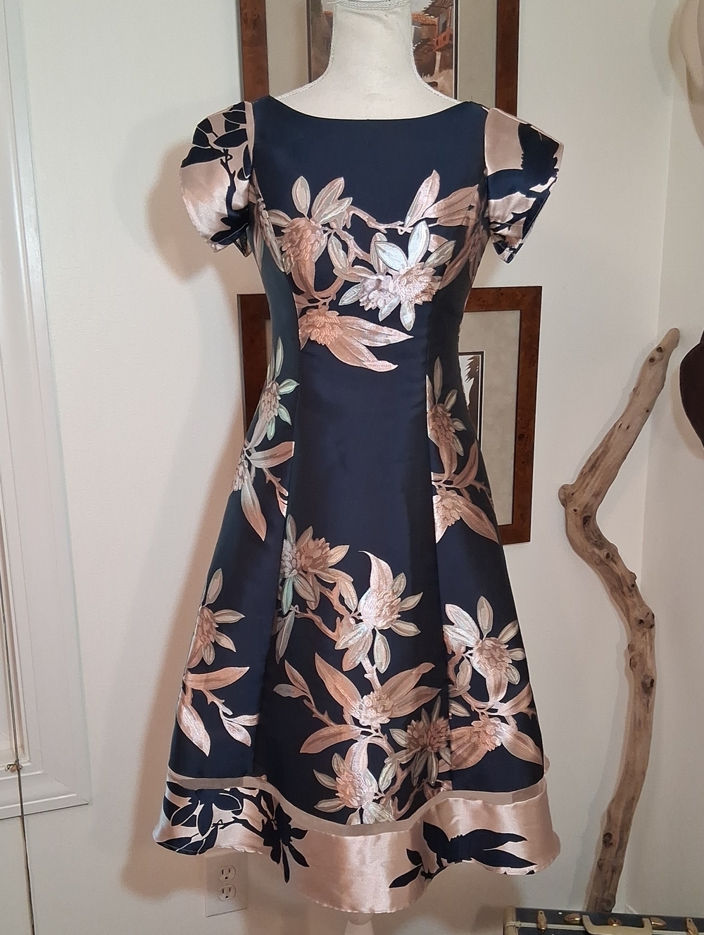 Adrianna Papell Navy Dress with Rose Gold Floral Jacquard